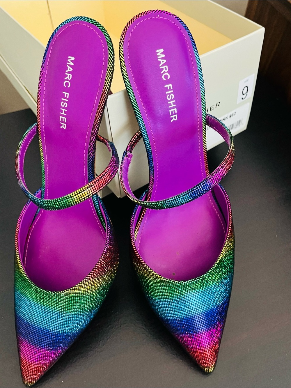 Marc Fisher Rainbow Pointed Mule with Purple Insole and Ankle Strap